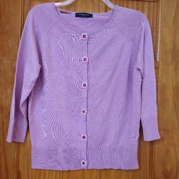August Silk Knit Women's Lilac Snap Front 3/4 Sleeve Cardigan Sweater - Picture 1 of 13